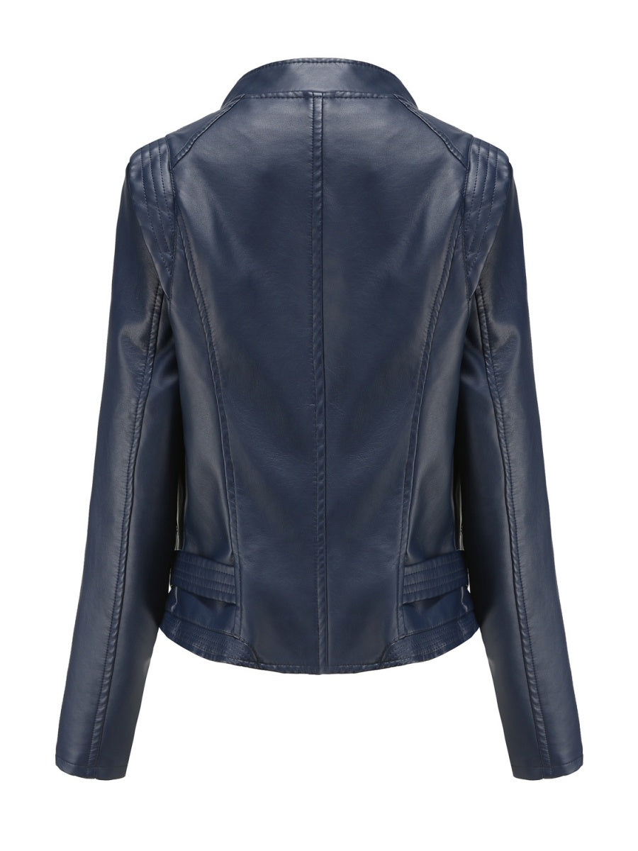 PU Leather Lapel Slim Fit Long Sleeve Short Jacket