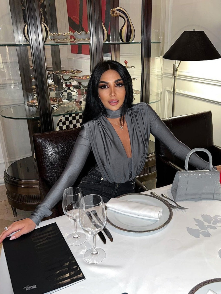 V-neck Slim Fit Pleated Decoration Base Layer Splicing Long-sleeved Bodysuit