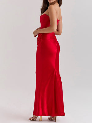 Satin Belted Strapless Off-the-shoulder Fishbone Pleated Long Bodycon Dress