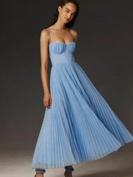 Ärmellose, tief ausgeschnittene, figurbetonte, plissierte Camisoles-Maxikleider