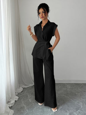 Lapel Sleeveless Kink Shirts Wide-leg Pants Business Suit 2-piece Sets