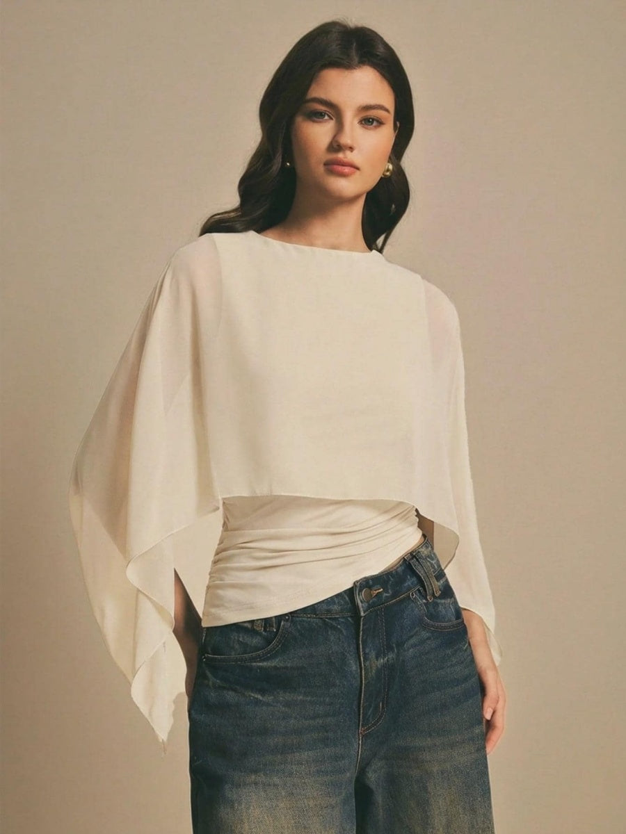 Cape-sleeve T-shirt, Round Neck, Loose Chiffon Cover-up, Elegant Irregular Top/T-shirt