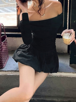 Liber Autumn Women's Off-shoulder Black and white color matching Long sleeve Mini&Short Dresses