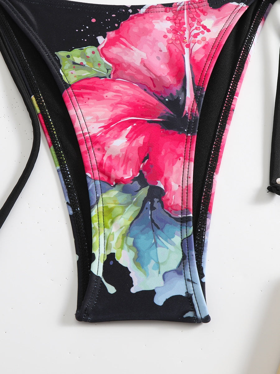 Large Floral Print Bikini Mesh Maxi Dress Three-piece Set