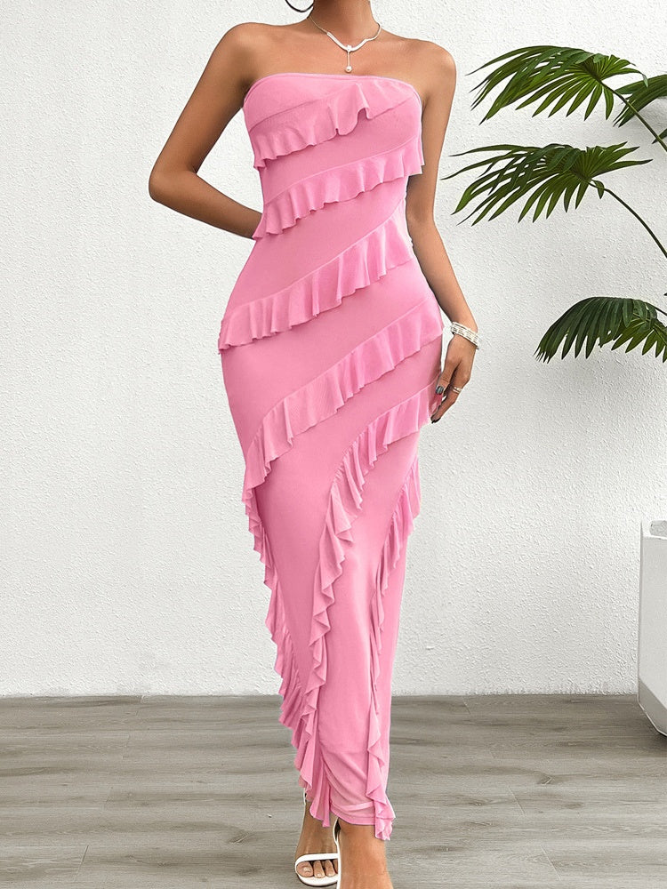Hip Slim Fit Ruffle Solid Color Strapless Top Maxi Dresses