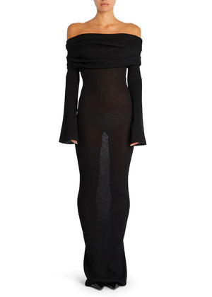 Long-sleeved Off-shoulder Pleated Knit Maxi Dress