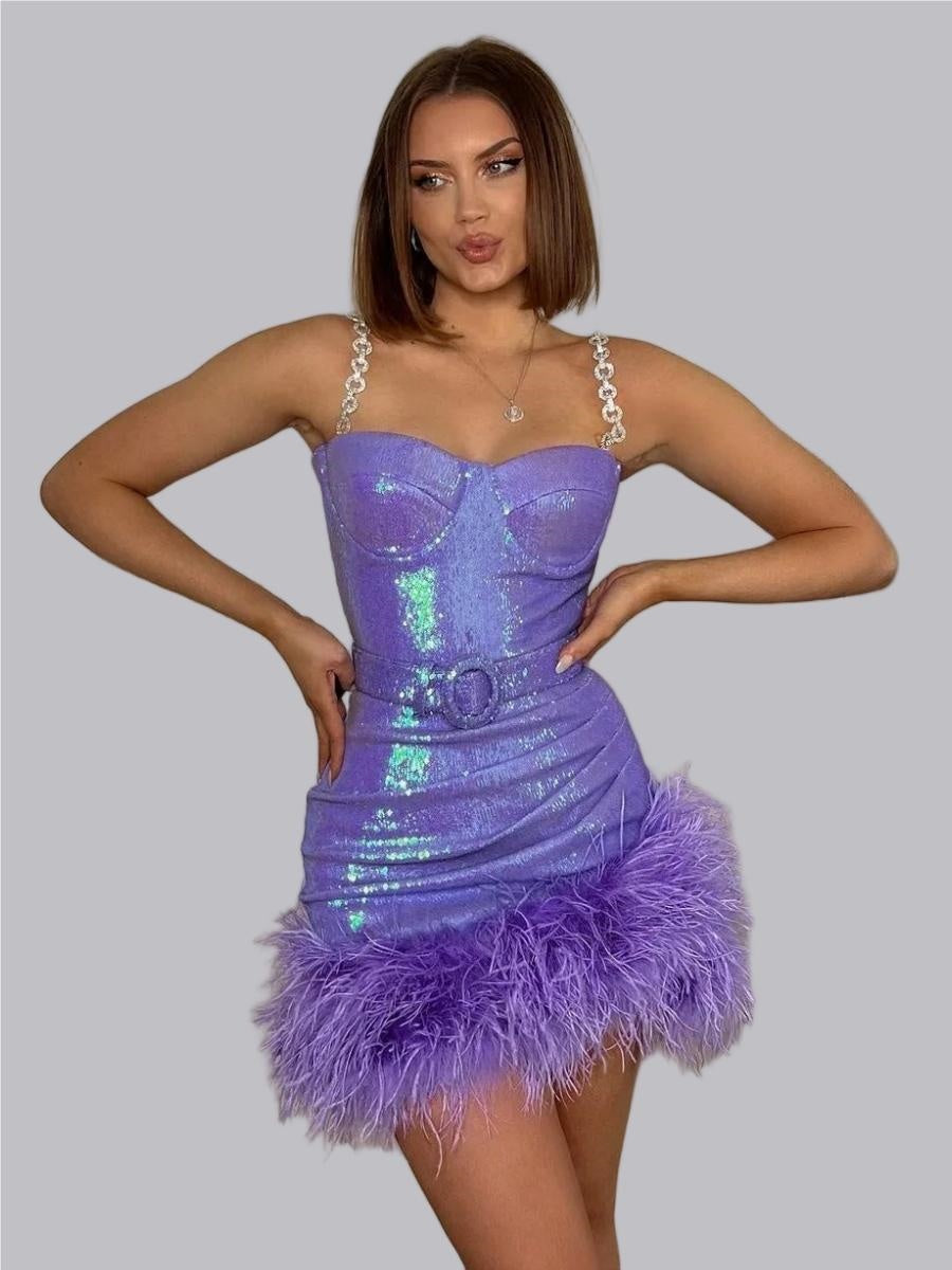 Feather Sequins Belts&Chain Diamond Parties Mini&Short Dresses