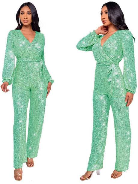 Deep V Long Sleeve Belt Sequins Jumpsuit