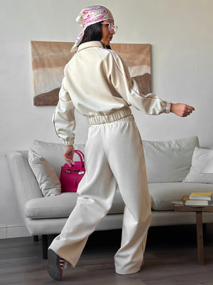 American Retro Color-blocked Striped Tracksuit For Women Two-piece Set: Collared Half-zip Sweatshirt And High-waisted Wide-leg Sweatpants