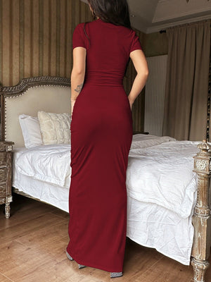 Sexy Deep V Short Sleeve Solid Color Pleated Maxi Dresses