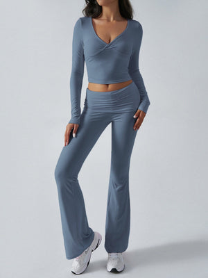 V-neck Long Sleeve Pants Pleated Navel Solid Color 2-piece Sets