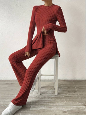 Leisure Long Sleeve Crew Neck Slit Pure Color 2-piece Sets