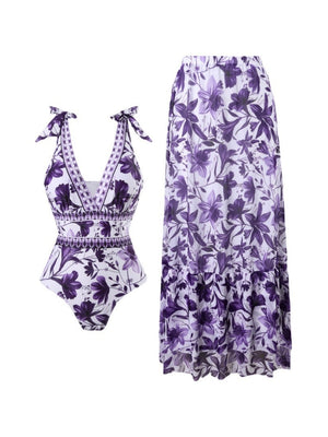 Blue And White Porcelain Print One-piece Slimming And Figure-flattering Long Swimsuit And Sun Protection Dress Two-piece Set