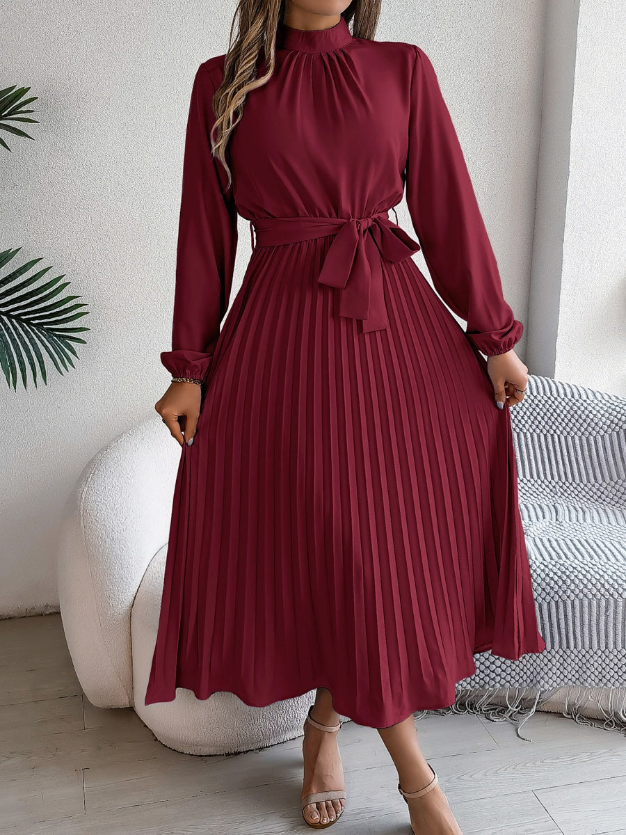 Stand Collar Long Sleeve Waist Pleats Midi Dresses