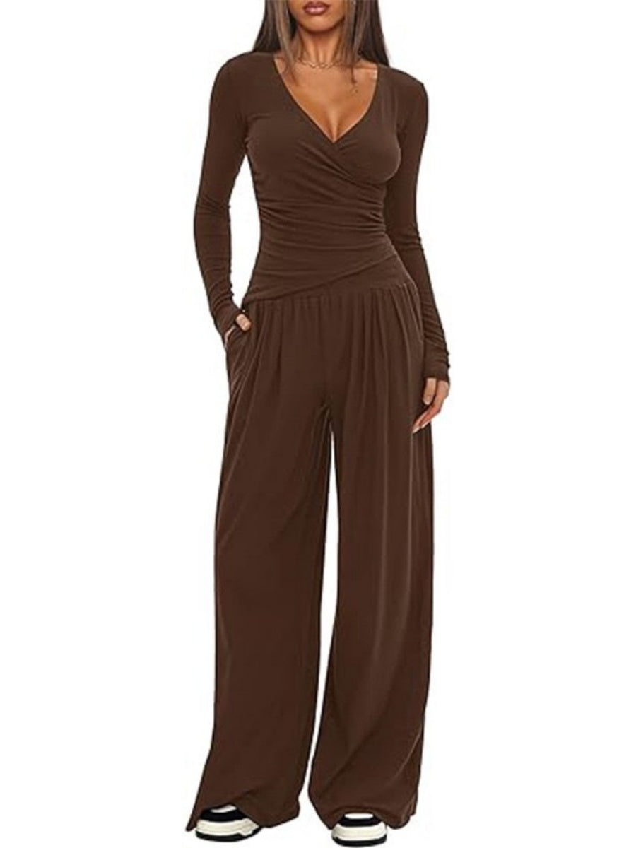 Long Sleeve V-neck T-shirt Loose-fit Wide-leg Pants Leisure 2-piece Sets