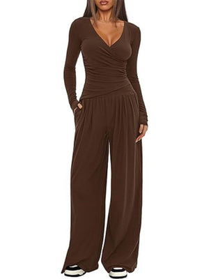 Long Sleeve V-neck T-shirt Loose-fit Wide-leg Pants Leisure 2-piece Sets