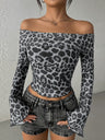 Sexy Off Shoulder Long Sleeve Navel Leopard Print Sexy Top