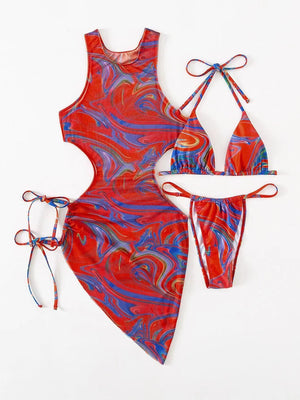 Hollow-out Drawstring Swimsuit Bikini Beach Cover-up Three-piece Set