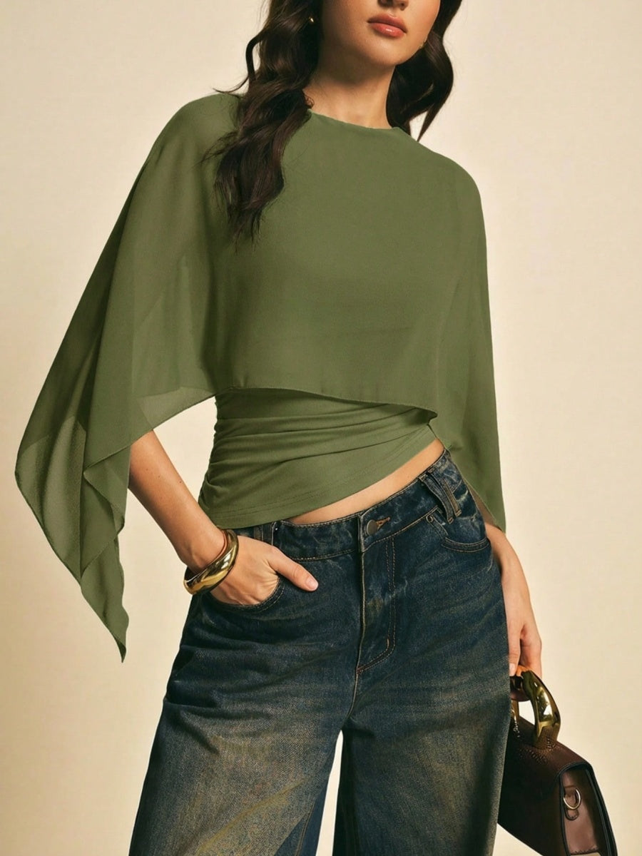 Cape-sleeve T-shirt, Round Neck, Loose Chiffon Cover-up, Elegant Irregular Top/T-shirt