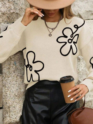 3D Effect Flower pattern Crew Neck Sweaters