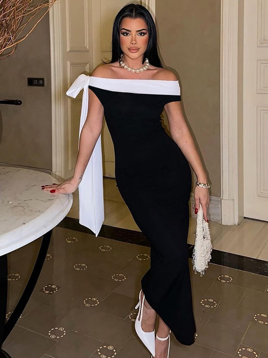 Elegant Off-shoulder Ribbon Sleeveless Fitted Bodycon Long Dress