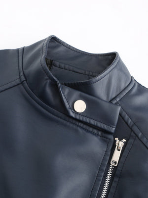 PU Leather Lapel Slim Fit Long Sleeve Short Jacket