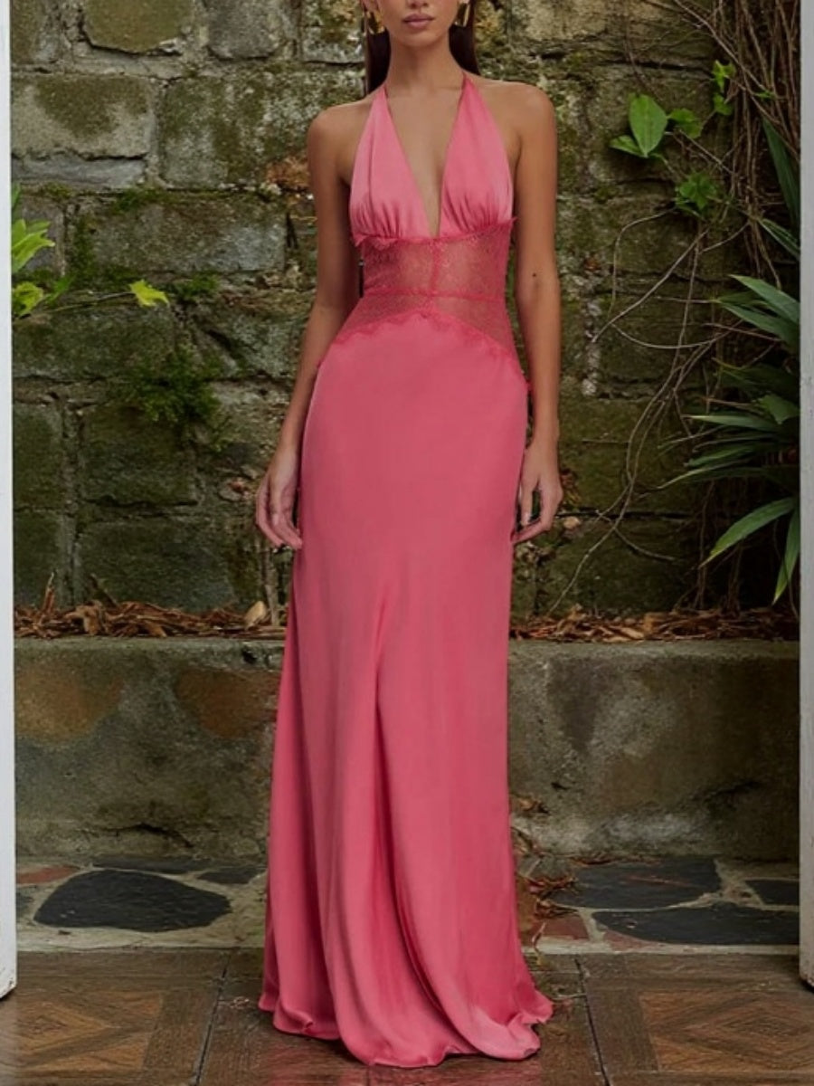 Spitzen-Perspektiv-Split-Detail-Satin-Maxikleider mit tiefem V-Ausschnitt