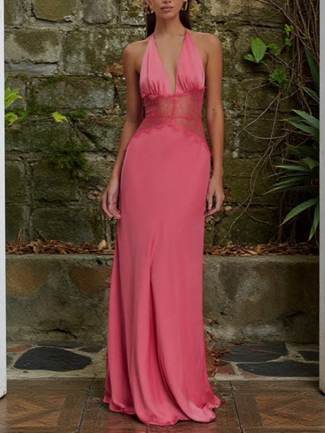 Spitzen-Perspektiv-Split-Detail-Satin-Maxikleider mit tiefem V-Ausschnitt