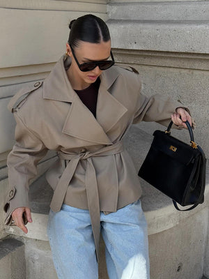 Khaki Long-sleeved Lapel Belted Trench Coat