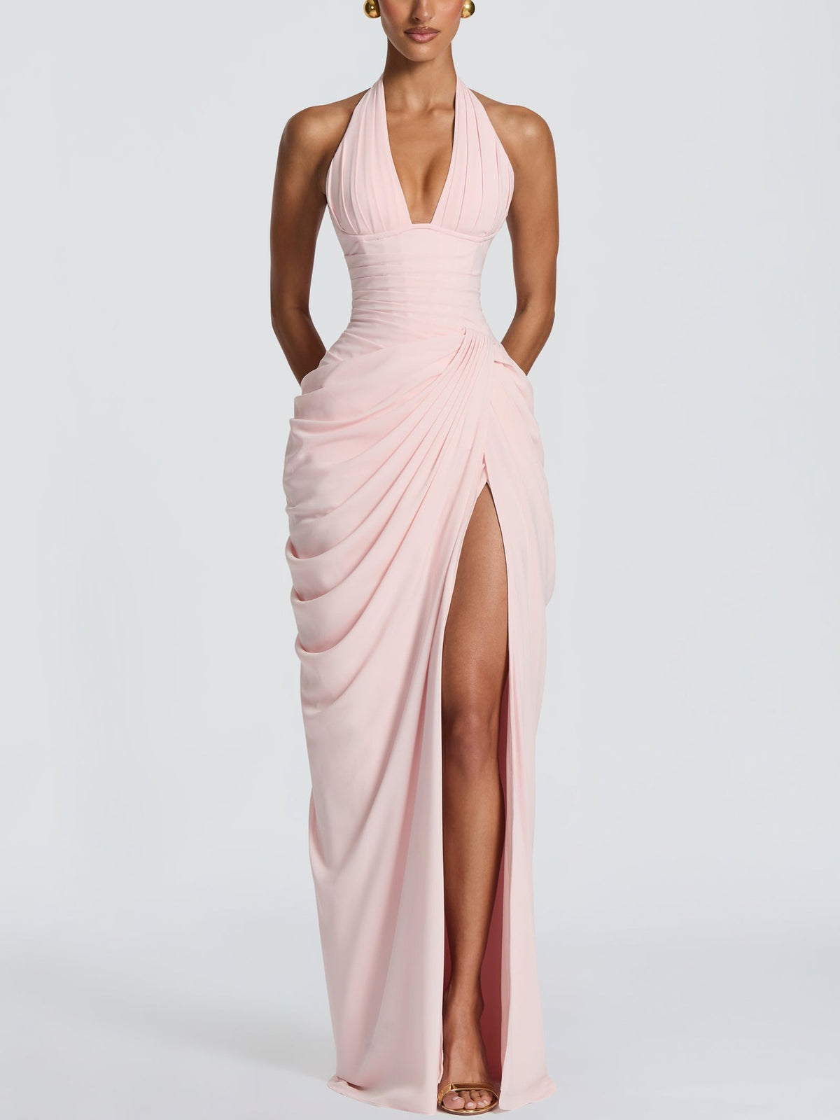 Halter Neck Pleated High Slit Long Dress