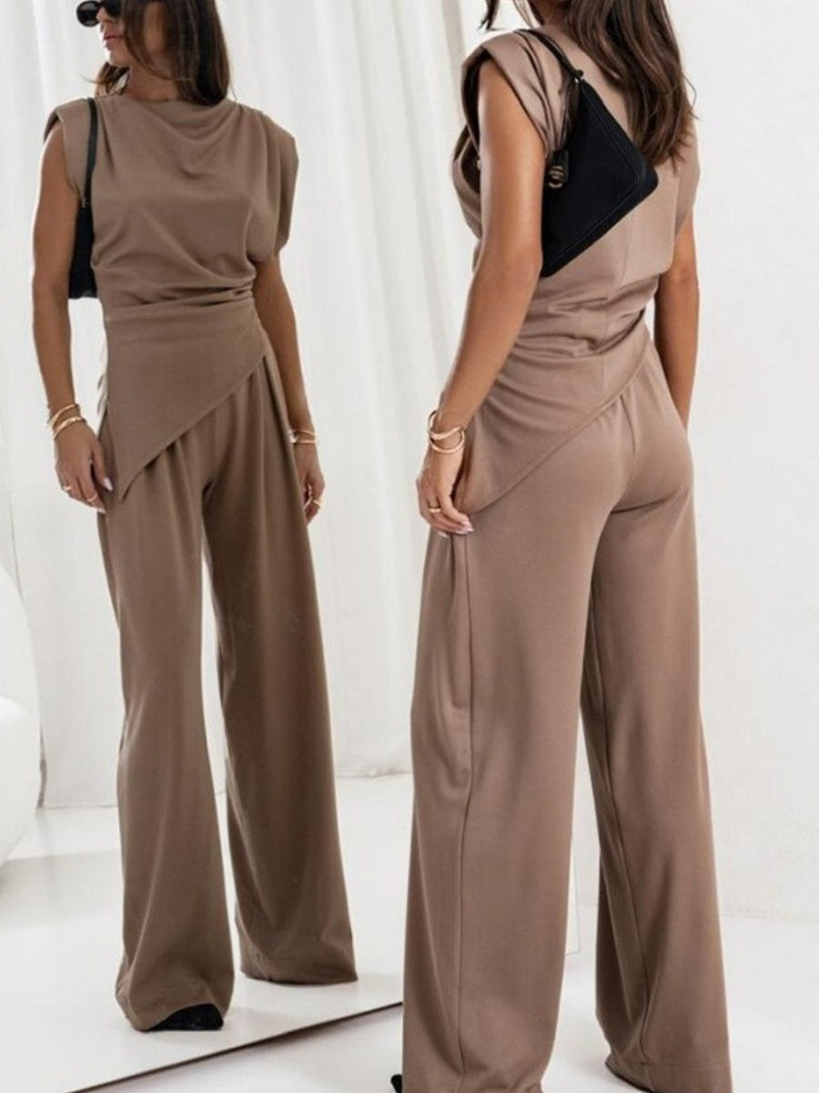 Ensembles 2 pièces : débardeur asymétrique sans manches et pantalon froncé