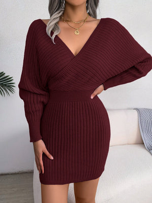 Cross V-neck Batwing Sleeves Hip-hugging Knitting Mini&Short Dresses