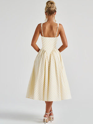 Plaid Print, Fitted Waist, Sexy Backless Halter Maxi Dress