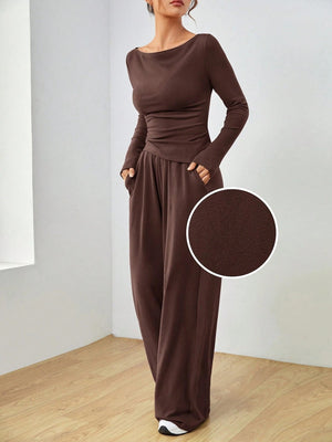 Pocket Solid Color Large Round Neck Long Sleeve Pants 2-piece Sets