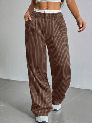 High Waist Color Matching Simplicity Drape Stripes Straight Wide Leg Pants