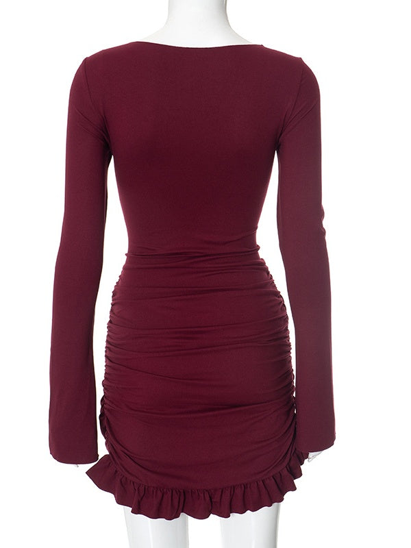 Liber Spring Women's Pleated Solid Color Mini&Short Dresses