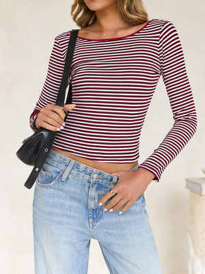 Simplicity Contrasting Colors Stripes Backless Long Sleeve T-shirts