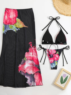 Large Floral Print Bikini Mesh Maxi Dress Three-piece Set