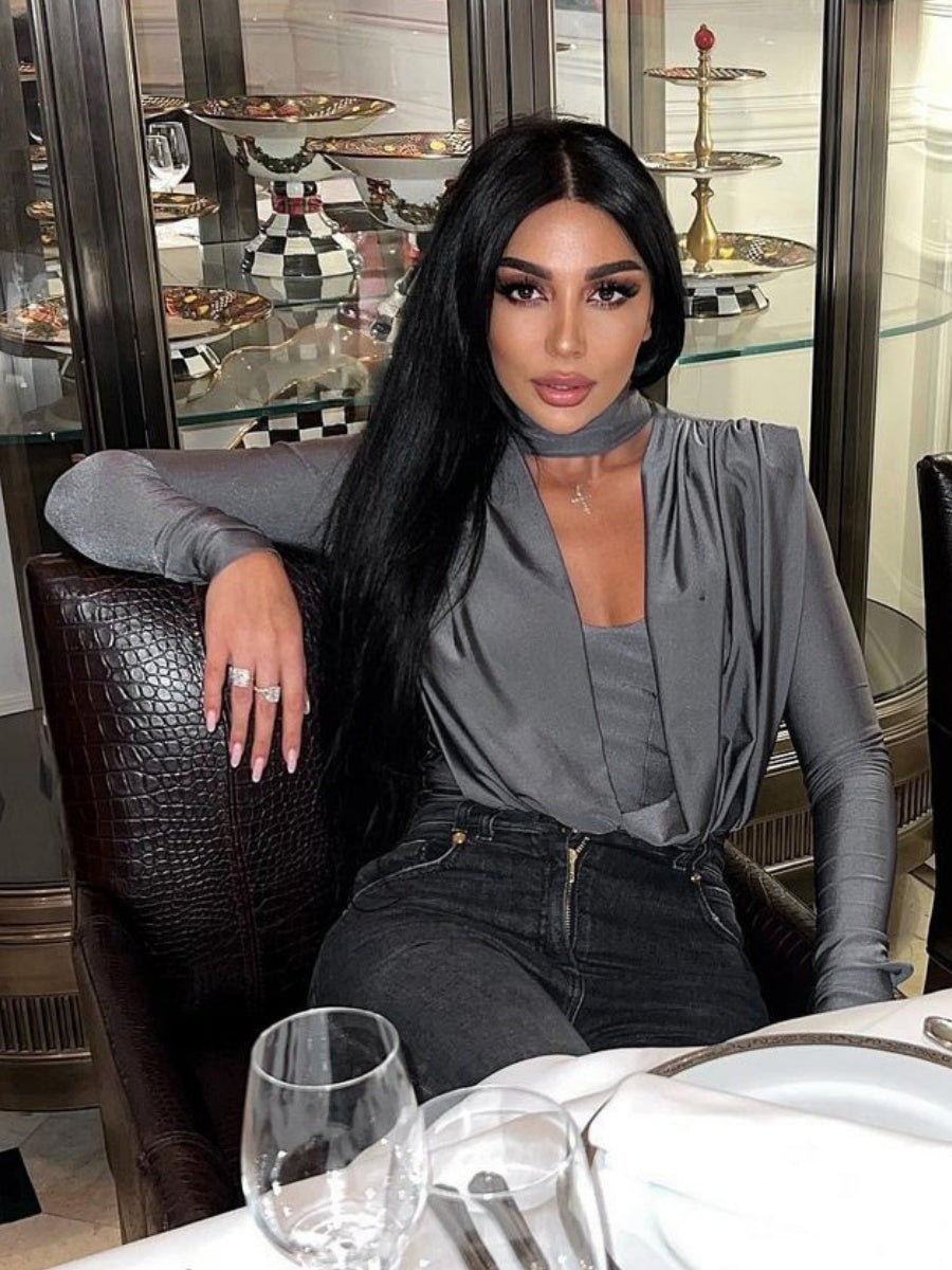 V-neck Slim Fit Pleated Decoration Base Layer Splicing Long-sleeved Bodysuit