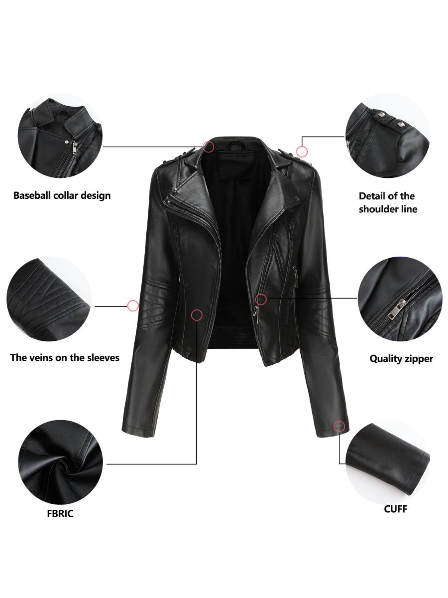 Studs Short Stand Collar Zipper Leather Jacket