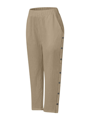 Breathable Cotton And Linen Cropped Trousers With Decorative Side Seams, Side Pockets, And A High Waist.