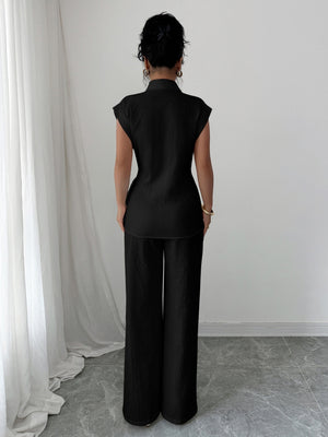 Lapel Sleeveless Kink Shirts Wide-leg Pants Business Suit 2-piece Sets