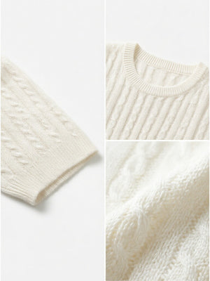 100% Wool Short-Sleeve Cable-Knit Sweater