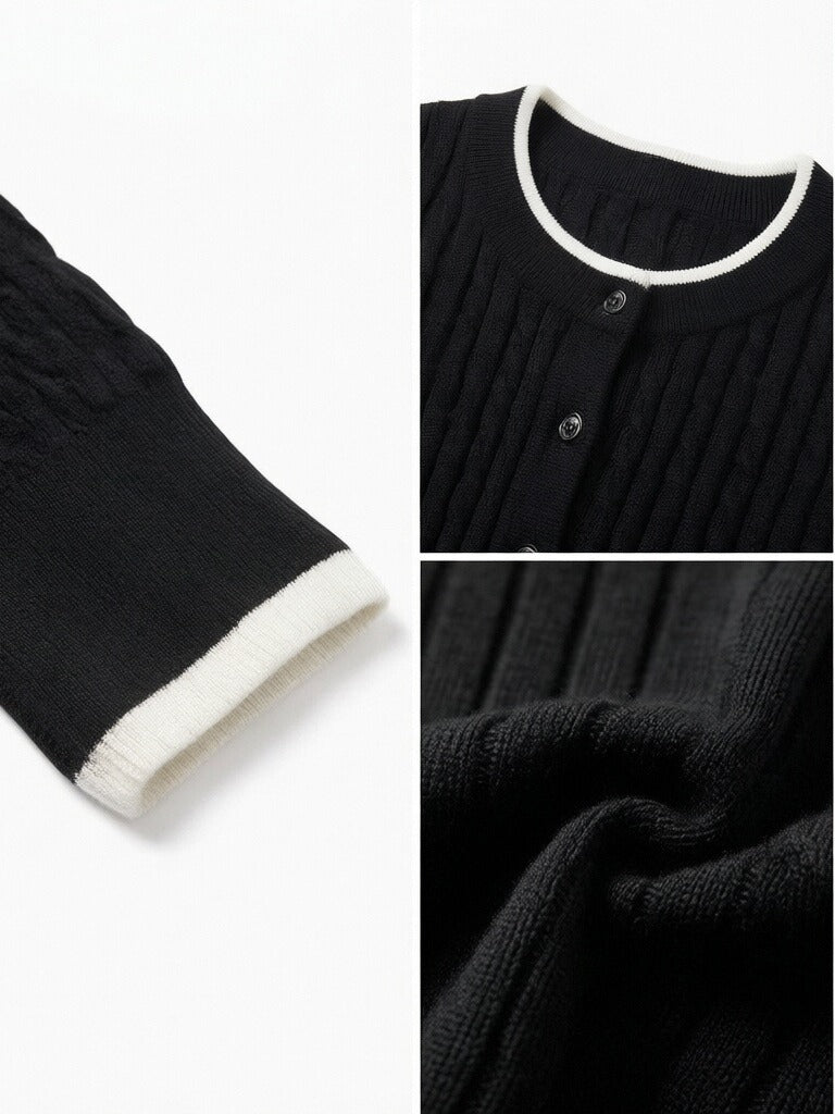 Wool-Blend Cable-Knit Cardigan with Contrast Hem
