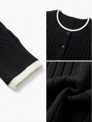 Wool-Blend Cable-Knit Cardigan with Contrast Hem