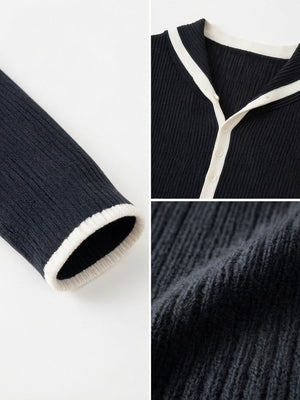 Ribbed Hooded Henley Sweater with Contrast Trim