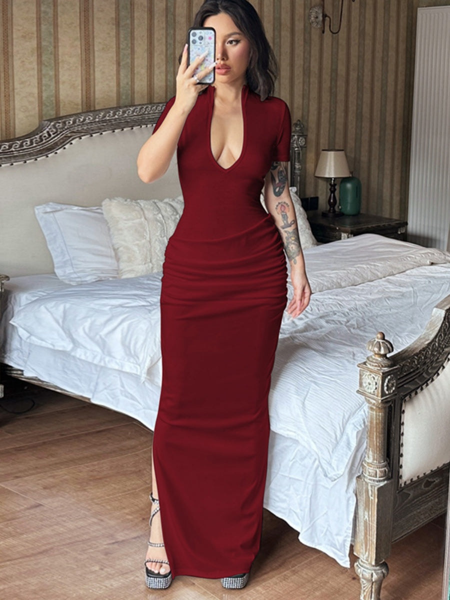 Sexy Deep V Short Sleeve Solid Color Pleated Maxi Dresses