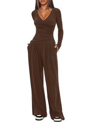 Long Sleeve V-neck T-shirt Loose-fit Wide-leg Pants Leisure 2-piece Sets