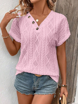 V-neck Button-down Loose Short-sleeved T-shirt