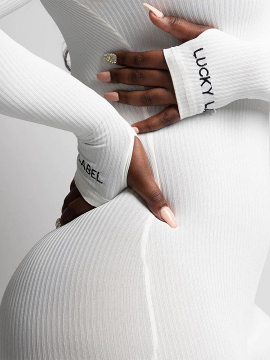 Zippered Elastic High-Neck Embroidered Slim Fit Fitness Jumpsuit